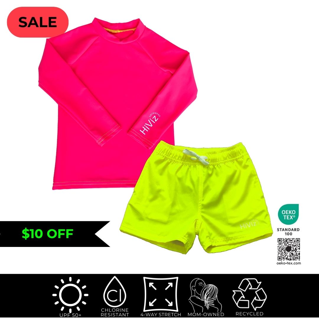 Image of a neon swimwear set neon pink rash guard and neon yellow swim shorts.